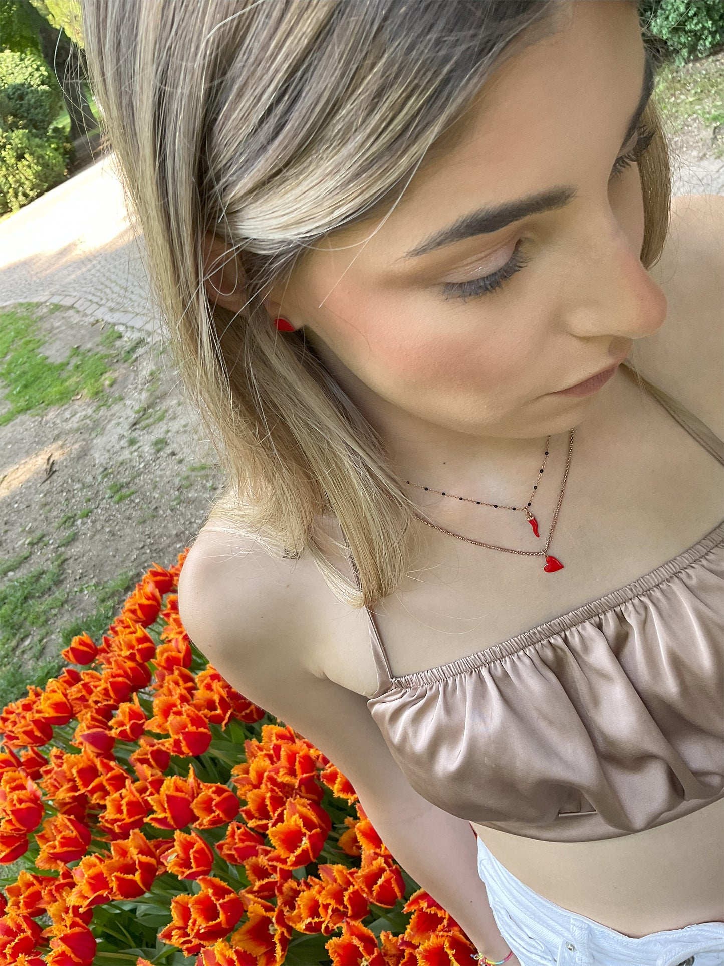 Collana rosé  con pendente cuore rosso