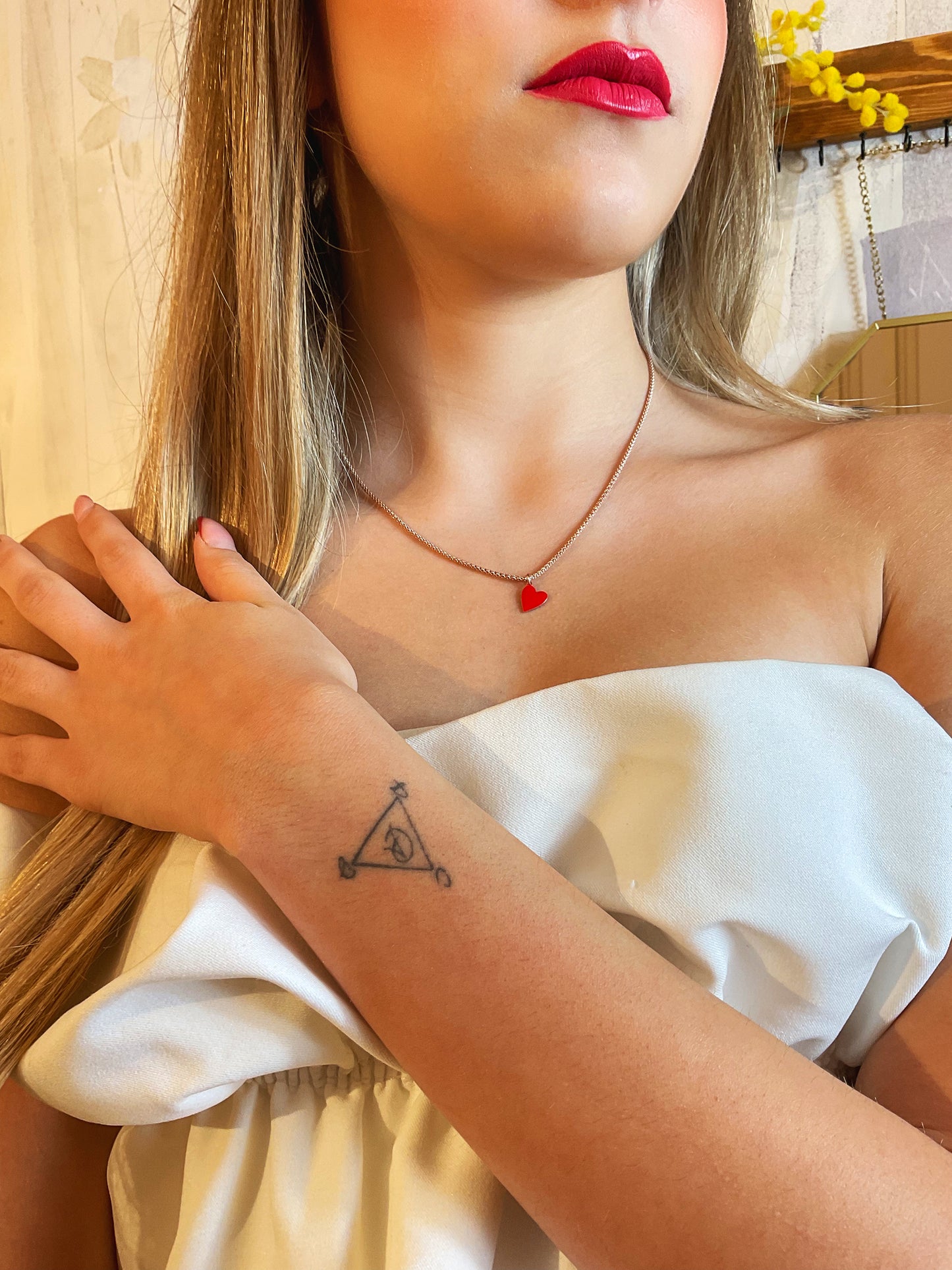 Collana rosé  con pendente cuore rosso