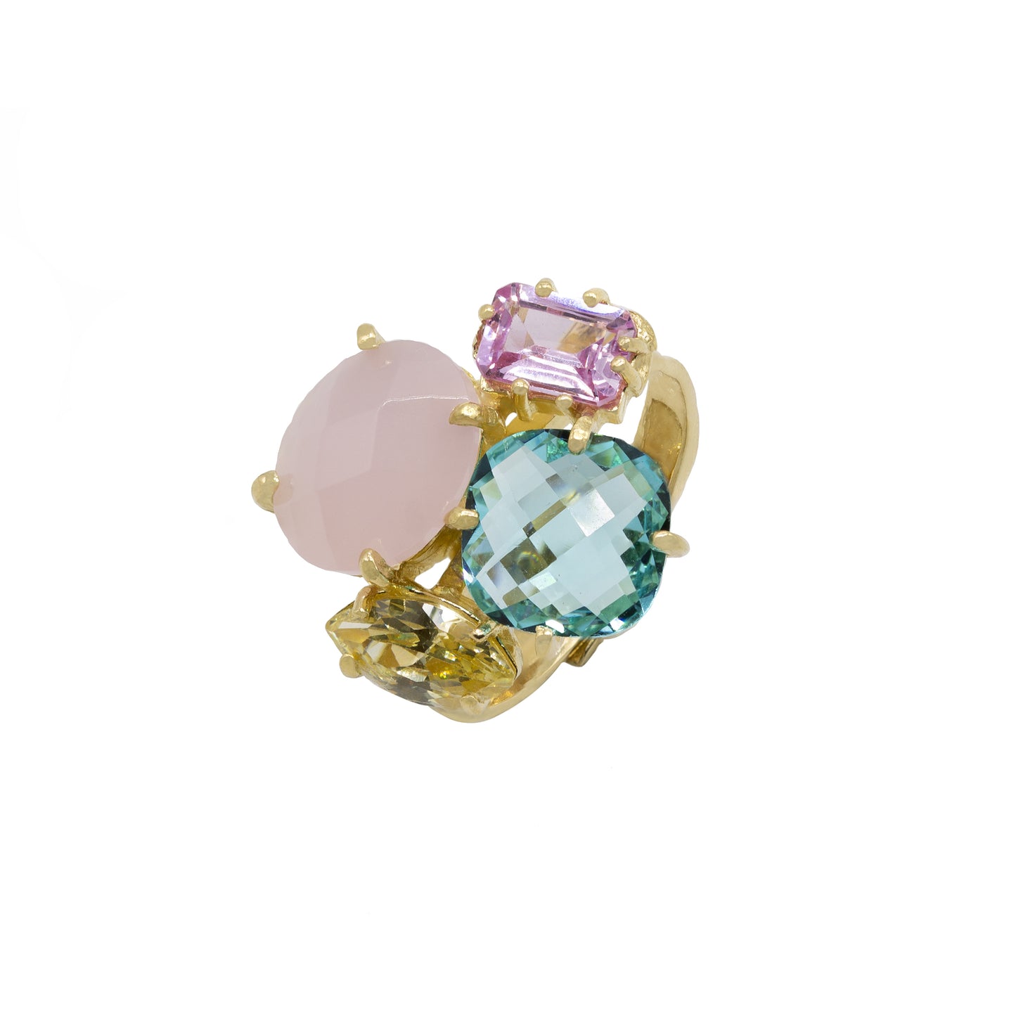 Anello con quarzi colorati rosa, azzurro, giallo