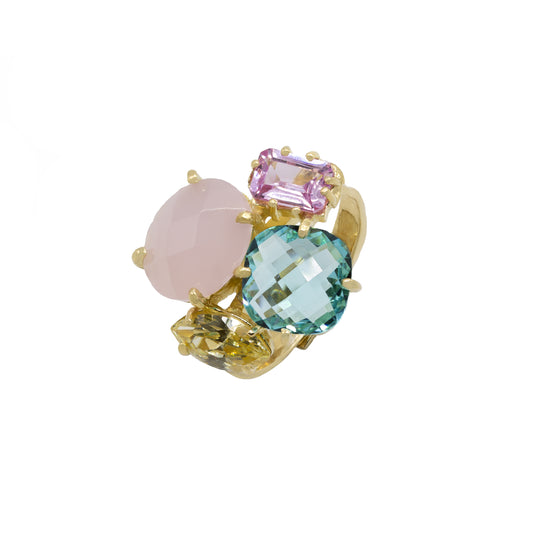 Anello con quarzi colorati rosa, azzurro, giallo