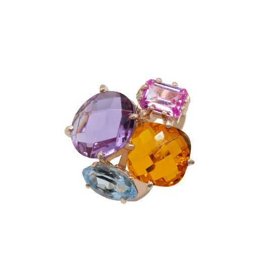 Anello con quarzi colorati rosa, giallo e acquamarina